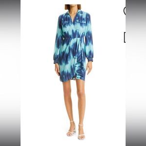 Toccin Tie Dye Wrap Front Long Sleeve Shirt Dress in Blue Size 0 NWT